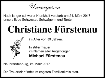 Traueranzeige von Christiane Fürstenau von Neubrandenburger Zeitung