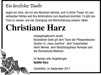 Traueranzeige von Christiane Harz von Vorpommern Kurier