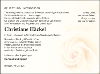 Traueranzeige von Christiane Häckel von Neubrandenburger Zeitung