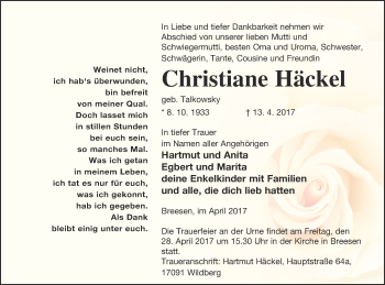 Traueranzeige von Christiane Häckel von Neubrandenburger Zeitung