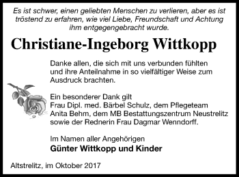 Traueranzeige von Christiane-Ingeborg Wittkopp von Pasewalker Zeitung