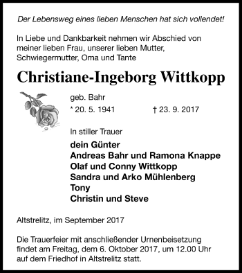 Traueranzeige von Christiane-Ingeborg Wittkopp von Pasewalker Zeitung