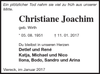 Traueranzeige von Christiane Joachim von Pasewalker Zeitung