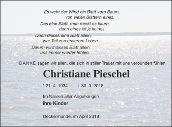Traueranzeige von Christiane Pieschel von Haff-Zeitung