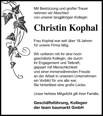 Traueranzeige von Christin Kophal von Müritz-Zeitung