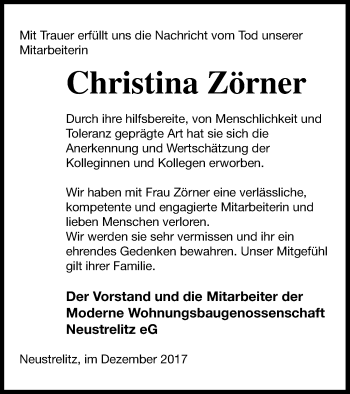 Traueranzeige von Christina Zörner von Strelitzer Zeitung