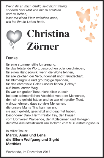 Traueranzeige von Christina Zörner von Strelitzer Zeitung