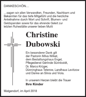 Traueranzeige von Christine Dubowski von Mecklenburger Schweiz