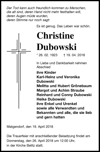 Traueranzeige von Christine Dubowski von Mecklenburger Schweiz