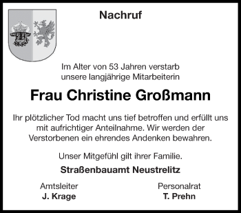 Traueranzeige von Christine Großmann von Nordkurier Gesamtausgabe