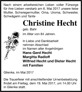 Traueranzeige von Christine Hecht von Neubrandenburger Zeitung