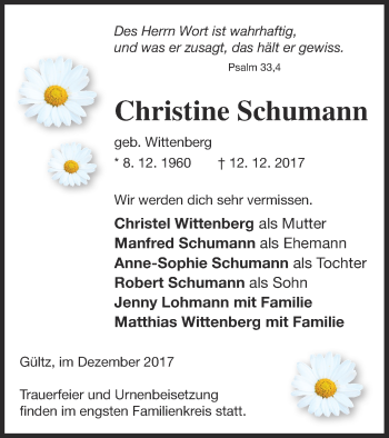 Traueranzeige von Christine Schumann von Vorpommern Kurier