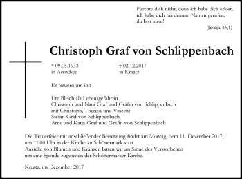 Traueranzeige von Christoph  Graf on Schlippenbach von Prenzlauer Zeitung