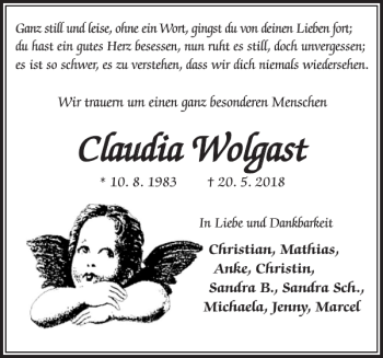 Traueranzeige von Claudia Wolgast von Ludwigsluster Tageblatt