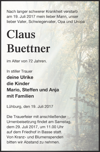 Traueranzeige von Claus Buettner von Mecklenburger Schweiz