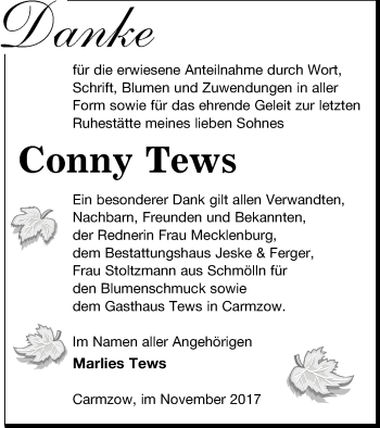 Traueranzeige von Conny Tews von Prenzlauer Zeitung