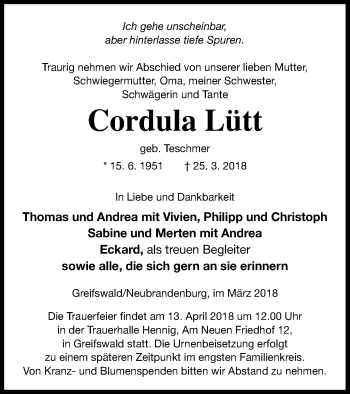 Traueranzeige von Cordula Lütt von Neubrandenburger Zeitung