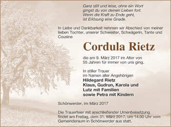 Traueranzeige von Cordula Rietz von Prenzlauer Zeitung