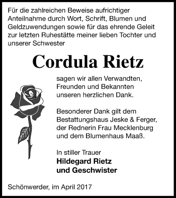 Traueranzeige von Cordula Rietz von Prenzlauer Zeitung