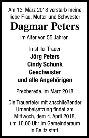 Traueranzeige von Dagmar Peters von Mecklenburger Schweiz