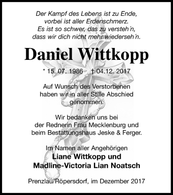 Traueranzeige von Daniel Wittkopp von Prenzlauer Zeitung
