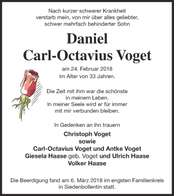 Traueranzeige von Daniel Carl-Octavius Voget von Neubrandenburger Zeitung