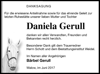 Traueranzeige von Daniela Gerull von Müritz-Zeitung