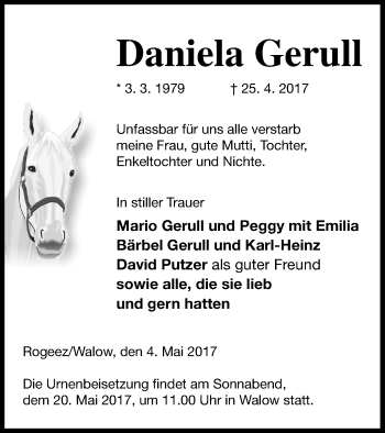 Traueranzeige von Daniela Gerull von Müritz-Zeitung