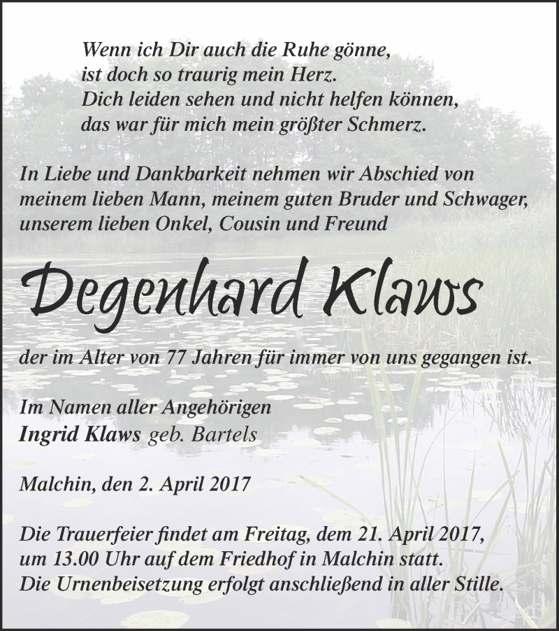  Traueranzeige für Degenhard Klaws vom 13.04.2017 aus Mecklenburger Schweiz