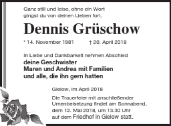 Traueranzeige von Dennis Grüschow von Mecklenburger Schweiz