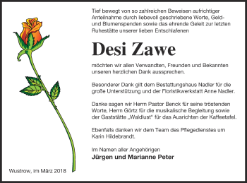 Traueranzeige von Desi Zawe von Strelitzer Zeitung