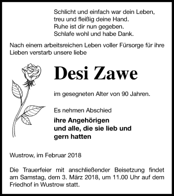 Traueranzeige von Desi Zawe von Strelitzer Zeitung