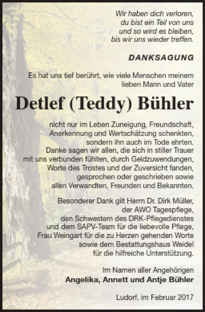  Traueranzeige für Detlef Bühler vom 11.02.2017 aus Müritz-Zeitung