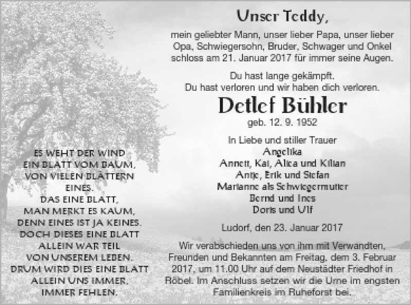  Traueranzeige für Detlef Bühler vom 24.01.2017 aus Müritz-Zeitung