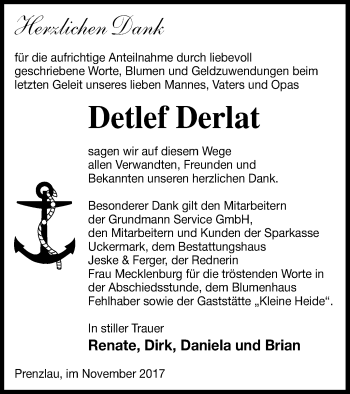 Traueranzeige von Detlef Derlat von Prenzlauer Zeitung