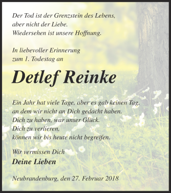 Traueranzeige von Detlef Reinke von Neubrandenburger Zeitung