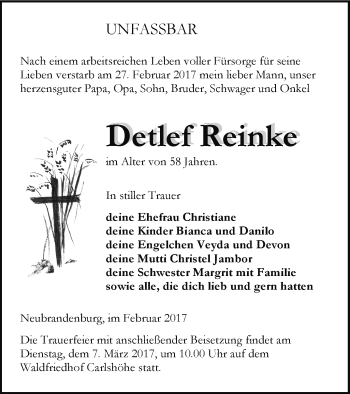 Traueranzeige von Detlef Reinke von Neubrandenburger Zeitung