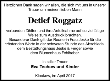 Traueranzeige von Detlef Roggatz von Prenzlauer Zeitung