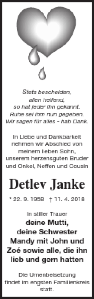  Traueranzeige für Detlev Janke vom 08.05.2018 aus Prenzlauer Zeitung