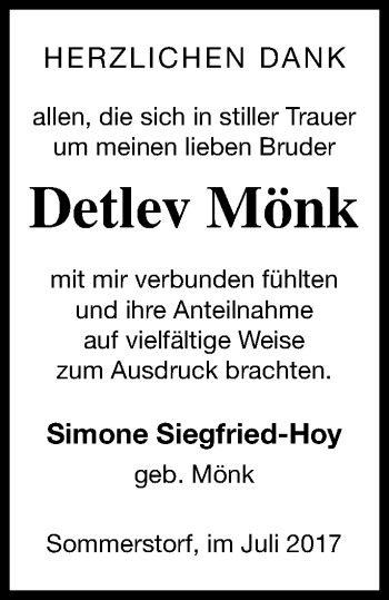 Traueranzeige von Detlev Mönk von Müritz-Zeitung