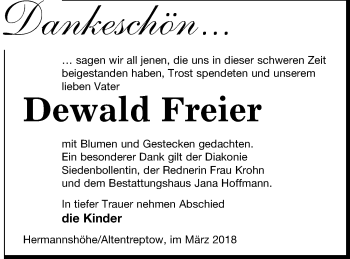 Traueranzeige von Dewald Freier von Neubrandenburger Zeitung