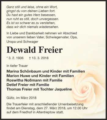 Traueranzeige von Dewald Freier von Neubrandenburger Zeitung