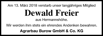 Traueranzeige von Dewald Freier von Treptower Tageblatt