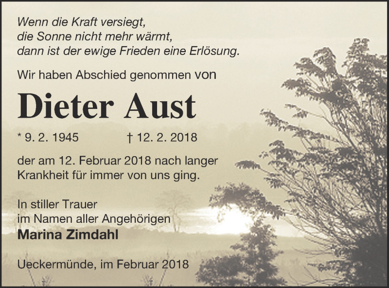  Traueranzeige für Dieter Aust vom 16.02.2018 aus Haff-Zeitung