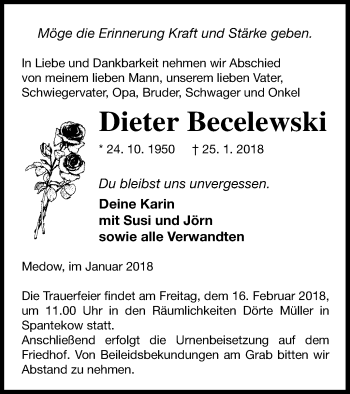 Traueranzeige von Dieter Becelewski von Vorpommern Kurier