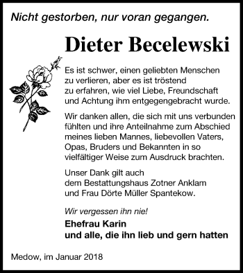 Traueranzeige von Dieter Becelewski von Vorpommern Kurier