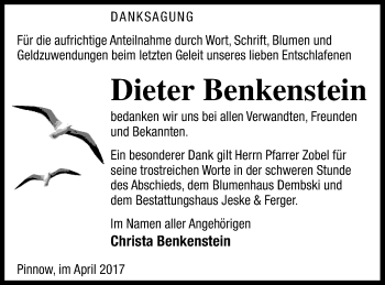 Traueranzeige von Dieter Benkenstein von Templiner Zeitung