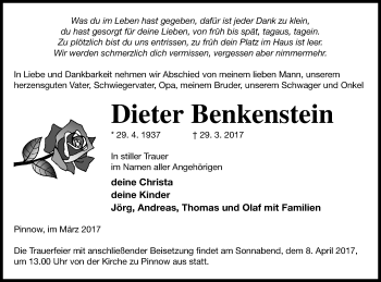 Traueranzeige von Dieter Benkenstein von Templiner Zeitung