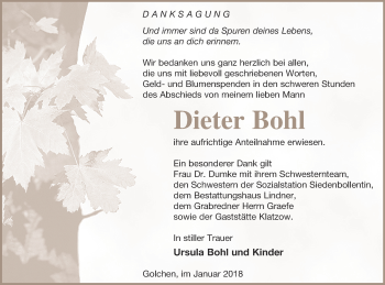 Traueranzeige von Dieter Bohl von Neubrandenburger Zeitung