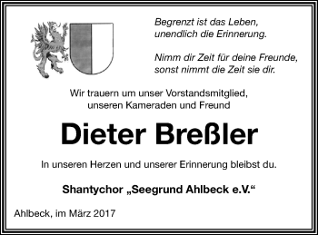 Traueranzeige von Dieter Breßler von Haff-Zeitung